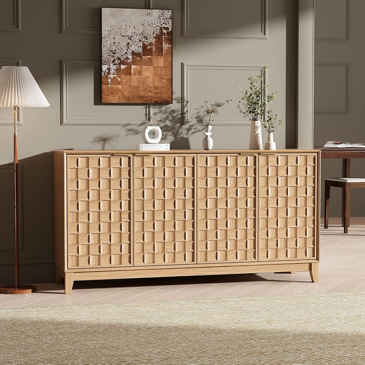 MALOL Fluted Sideboard Buffet Cabinet with Storage, 59" Wood Buffet Table with 4 Doors & Adjustable Shelves, Kitchen Dining Room Coffee Bar Cabinet, Mid Century Modern Style, Natural Wood
