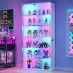 71" Tall Display Cabinet with Glass Doors, Rounded Curio Cabinet with Motion Sensor RGB Lights, 6-Tier Lockable Display Case for Collectibles & Action Figures, Trophy Case for Living Room, White