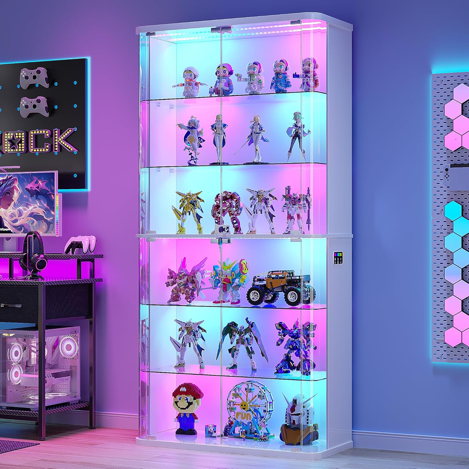 71" Tall Display Cabinet with Glass Doors, Rounded Curio Cabinet with Motion Sensor RGB Lights, 6-Tier Lockable Display Case for Collectibles & Action Figures, Trophy Case for Living Room, White