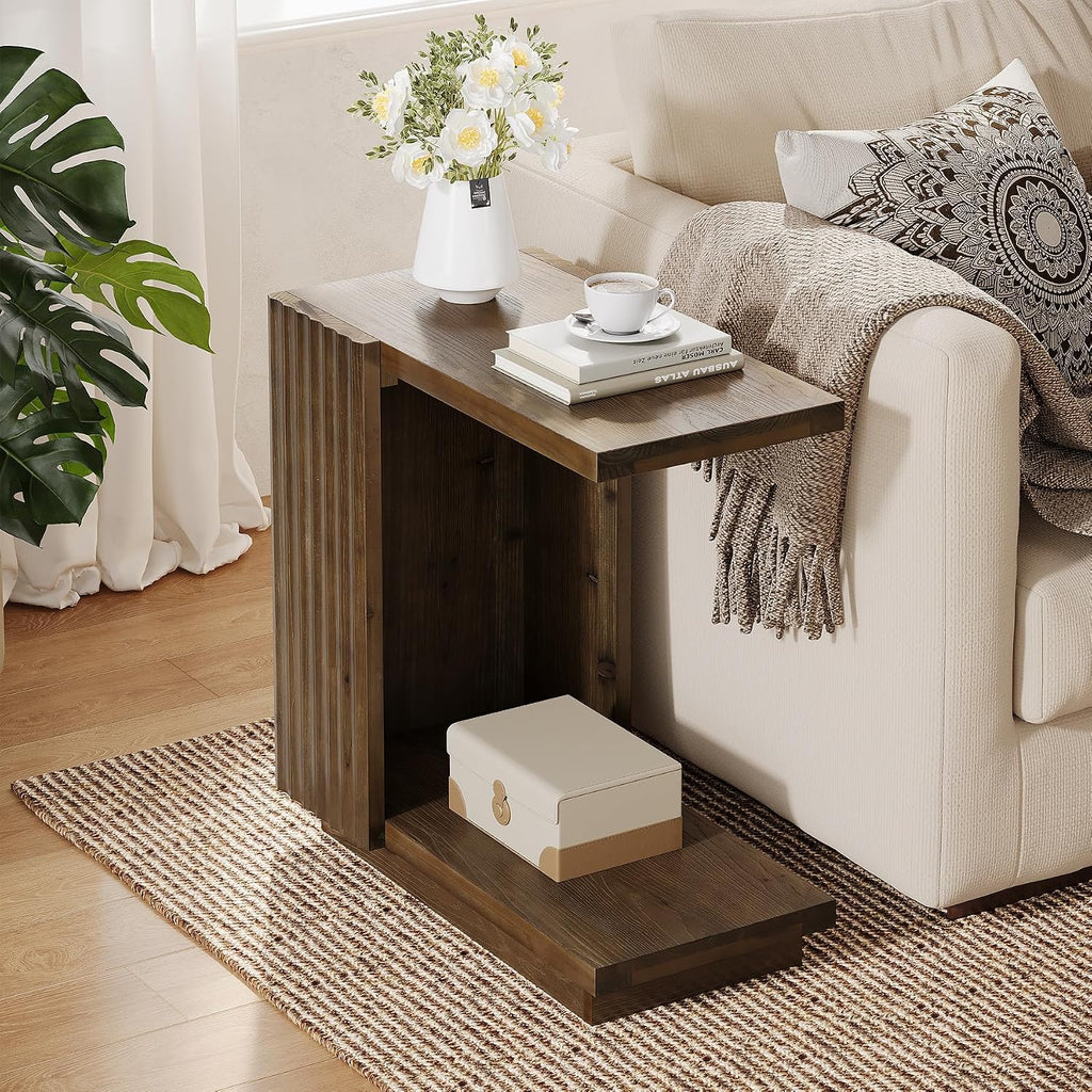 Solid Wood Side Table, C Shaped Narrow Sofa End Table with Fluted Panels and Storage Shelf, Space-Saving Small Nightstand for Small Spaces, Living Room, Bedroom, Vintage Brown
