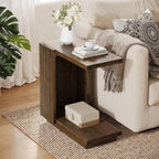 Solid Wood Side Table, C Shaped Narrow Sofa End Table with Fluted Panels and Storage Shelf, Space-Saving Small Nightstand for Small Spaces, Living Room, Bedroom, Vintage Brown