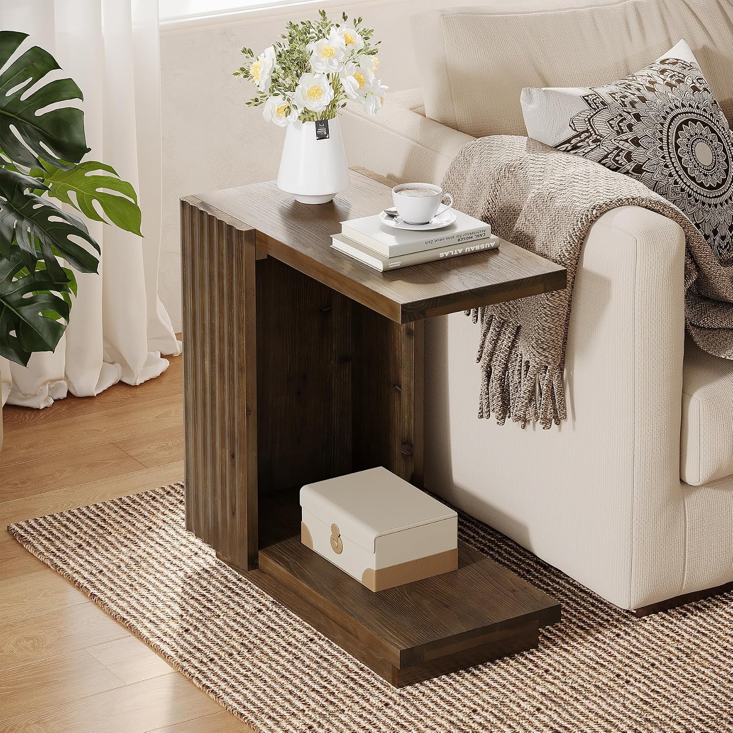 Solid Wood Side Table, C Shaped Narrow Sofa End Table with Fluted Panels and Storage Shelf, Space-Saving Small Nightstand for Small Spaces, Living Room, Bedroom, Vintage Brown