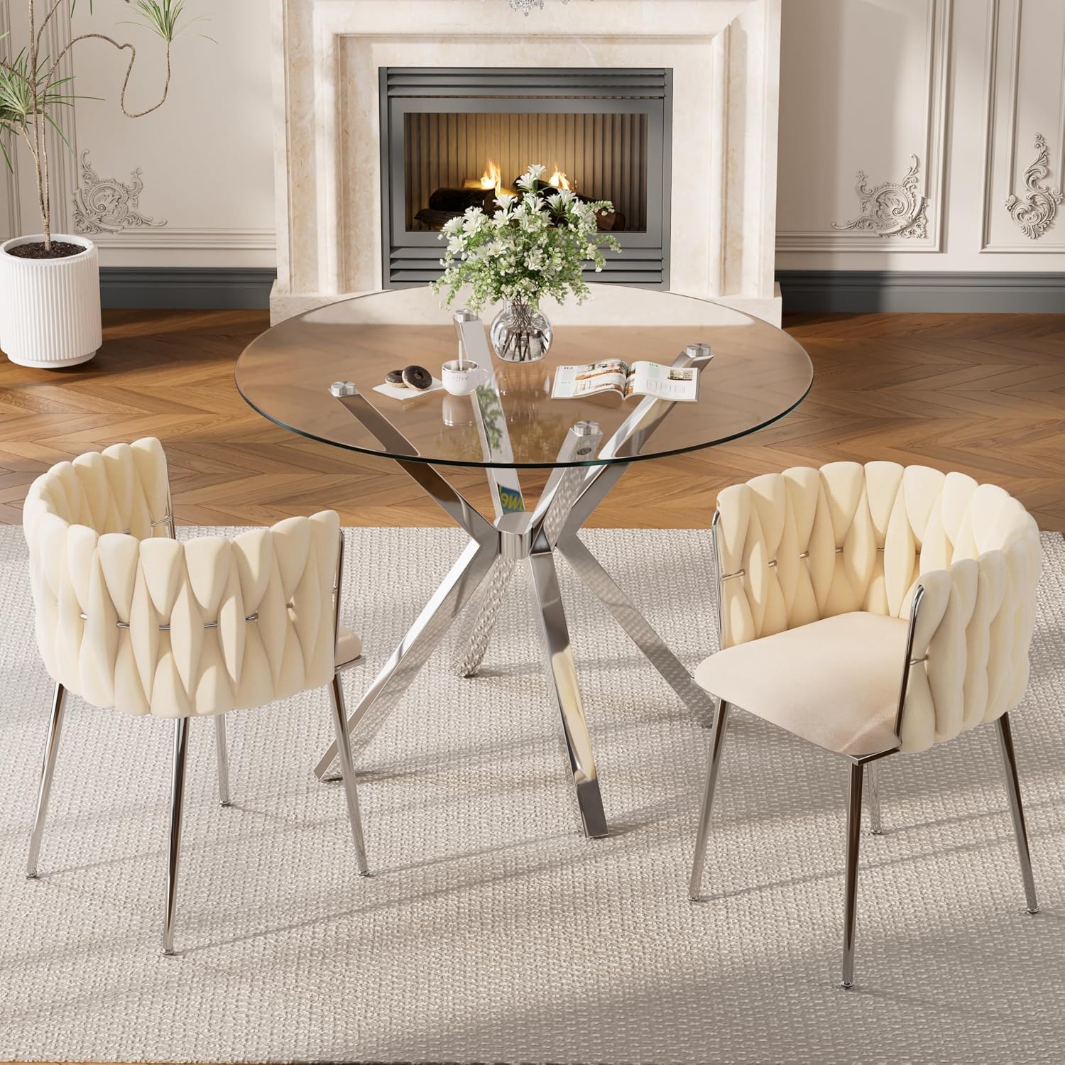 Baysitone Modern 3-Piece Dining Set with 36" Round Glass Table & 2 Woven Velvet Upholstered Dining Chairs, Silver Metal Table Legs, Kitchen & Dining Room Furniture for Small Spaces(Beige&Silver)