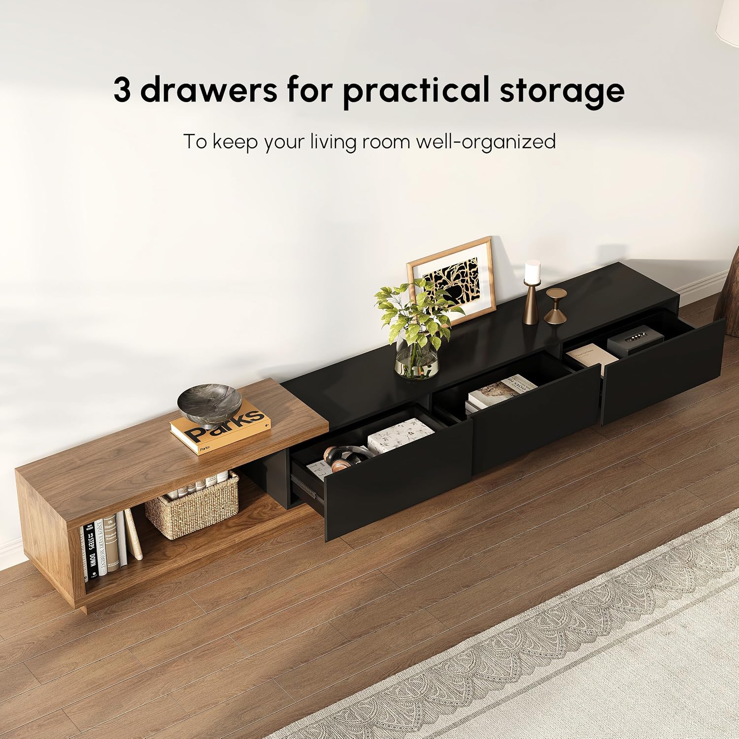 homary Modern Mid-Century Coffee Table and TV Stand Set of 2, Extendable Entertainment Center Set for Living Room (Black & Walnut)