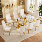 RGZ Modern High Back Upholstered Dining Chairs Set of 8, Beige Velvet Kitchen Side Chairs, Luxury Dining Accent Chairs with Comfy Cushion, Golden Stainless Steel Legs for Dining Room Home(Only Chairs)