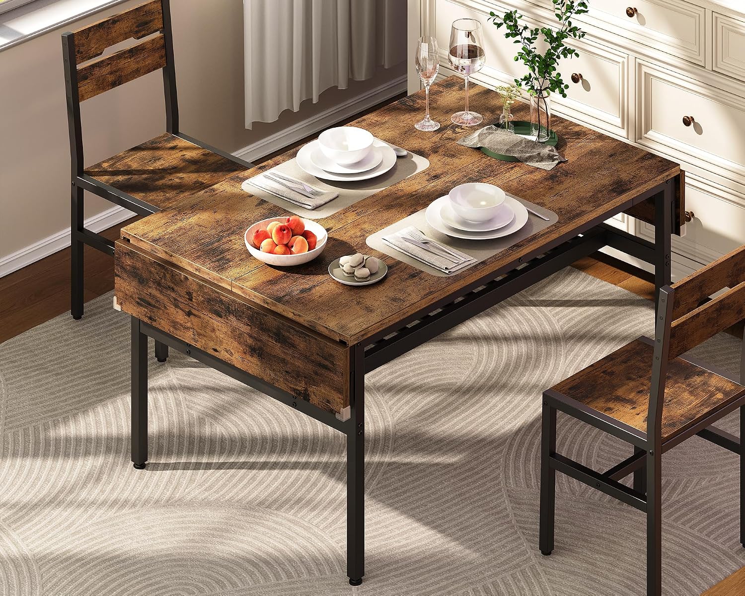 RALGEND 63" Extendable Dining Table for 4-6, Folding Kitchen Table with Drop Leaf, Farmhouse Dining Room Tables with Wine Rack, for Kitchen and Dining Room, Rustic Brown and Black