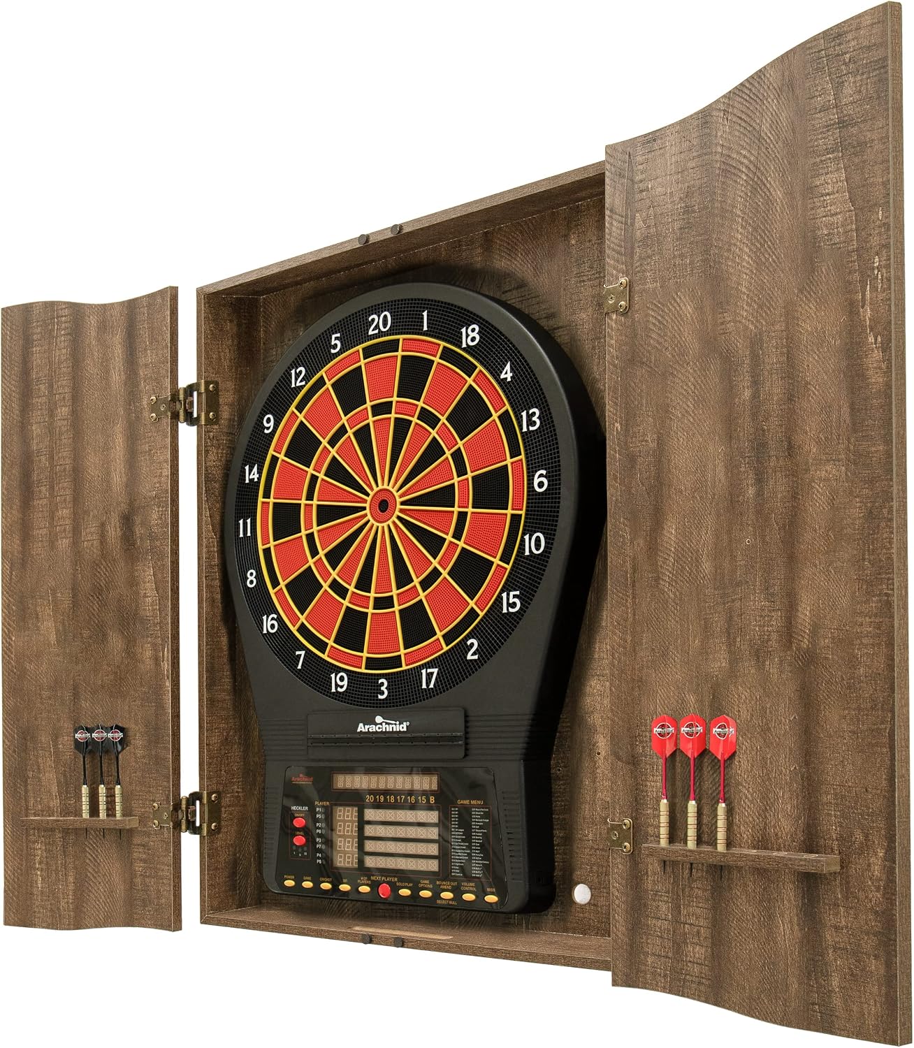 DMI Sports MI Sports Brown CricketPro Dartboard Cabinet | Designed for Arachnid 15.5” CricketPro 900, 800, 750, 650 Electronic Dartboards | Does Not Include Dartboard