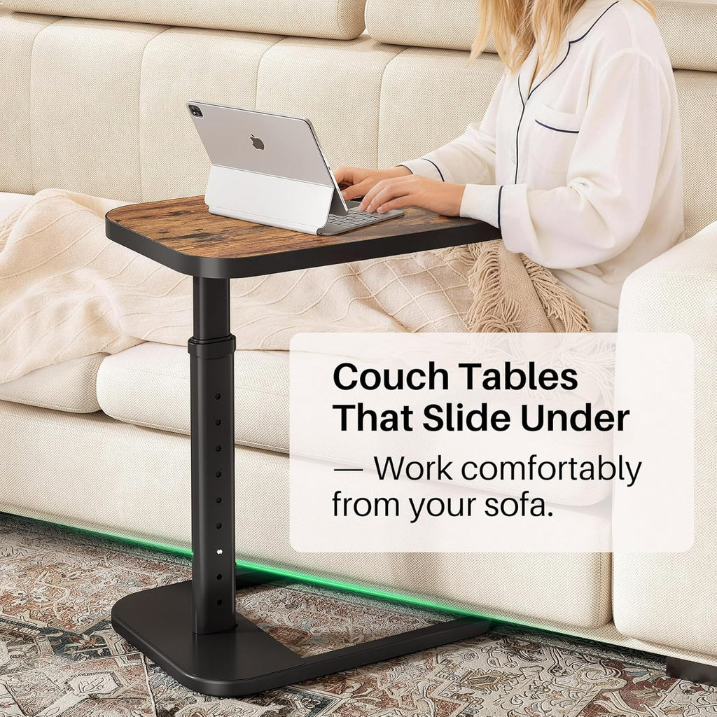 Kitstorack Adjustable Height C-Shaped End Table, 9-Level Side Table with Thickened Metal Rounded Edge, Couch Table Slides Under Sofa or Bed, Eating, Working, TV Tray Table for Small Spaces, Brown