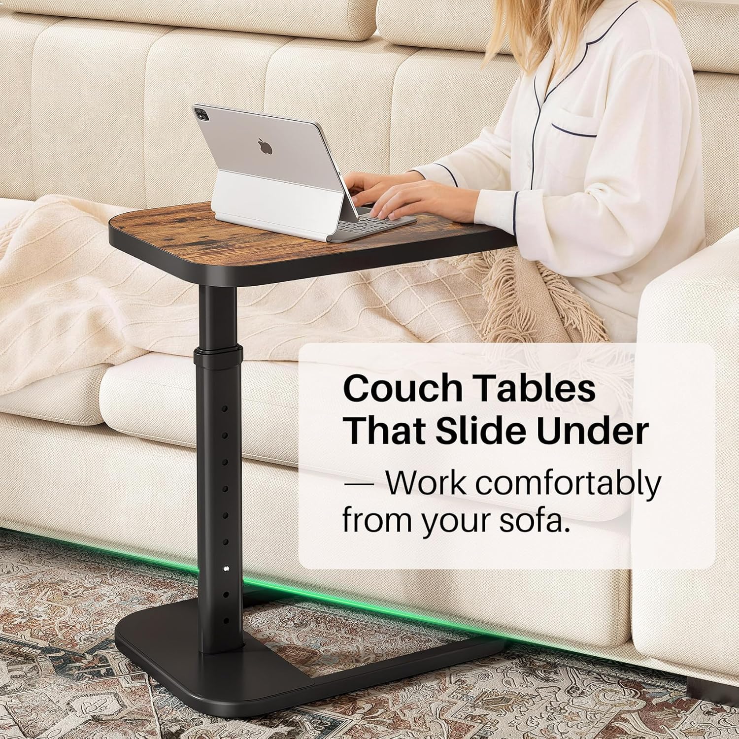 Kitstorack Adjustable Height C-Shaped End Table, 9-Level Side Table with Thickened Metal Rounded Edge, Couch Table Slides Under Sofa or Bed, Eating, Working, TV Tray Table for Small Spaces, Brown