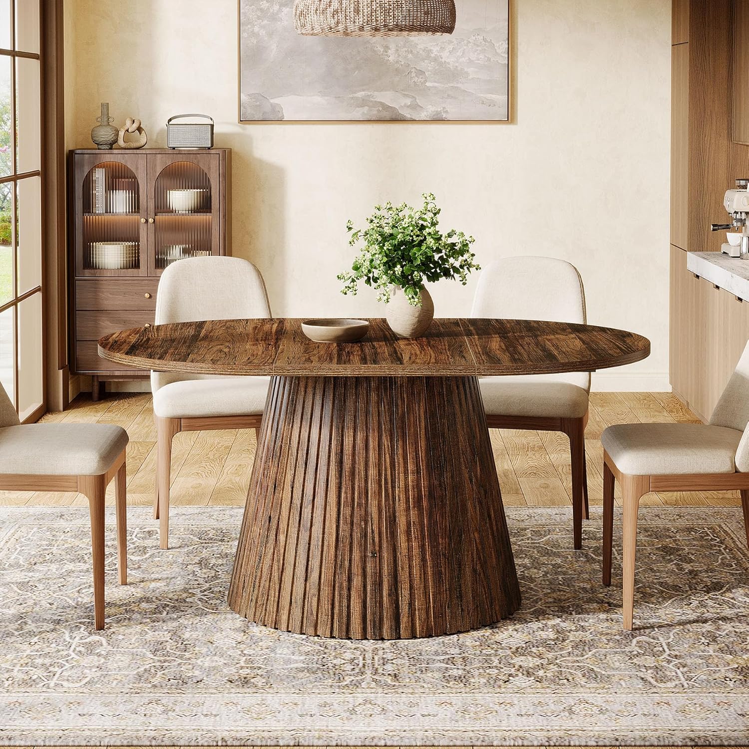 Tribesigns 59" Dining Table for 4-6 People, Farmhouse Dining Room Table with Heavy Pedestal, Oval Wood Kitchen Dinner Table for Living Room, Kitchen, Rustic Brown, 59.06" W x 39.37" D