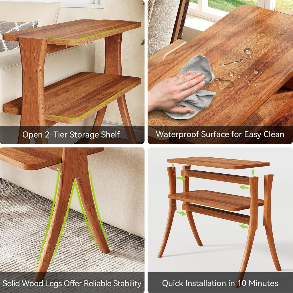LITTLE TREE Narrow Side Table, 2-Tier Farmhouse End Table with Solid Wood Legs, Small Side Table, Space-Saver for Living Room, Bedroom, Entryway (Walnut)