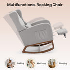 Nursery Rocking Chair with Footrest, Glider Rocking Nursing Chair Indoor, Upholstered Accent Nursery Glider Chair Rubber Wood Legs for Baby Nurser, Bedroom, Living Room, Light Gray