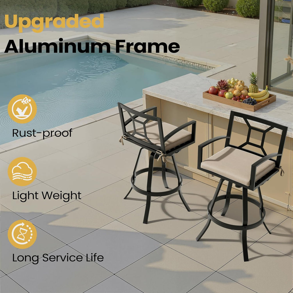 Pellebant 30" Sunbrella Outdoor Bar Stools Set of 2, Aluminum Swivel Patio Bar Height Barstools with Back & Footrest, All-Weather Patio Barstools for Deck Lawn Garden, Beige
