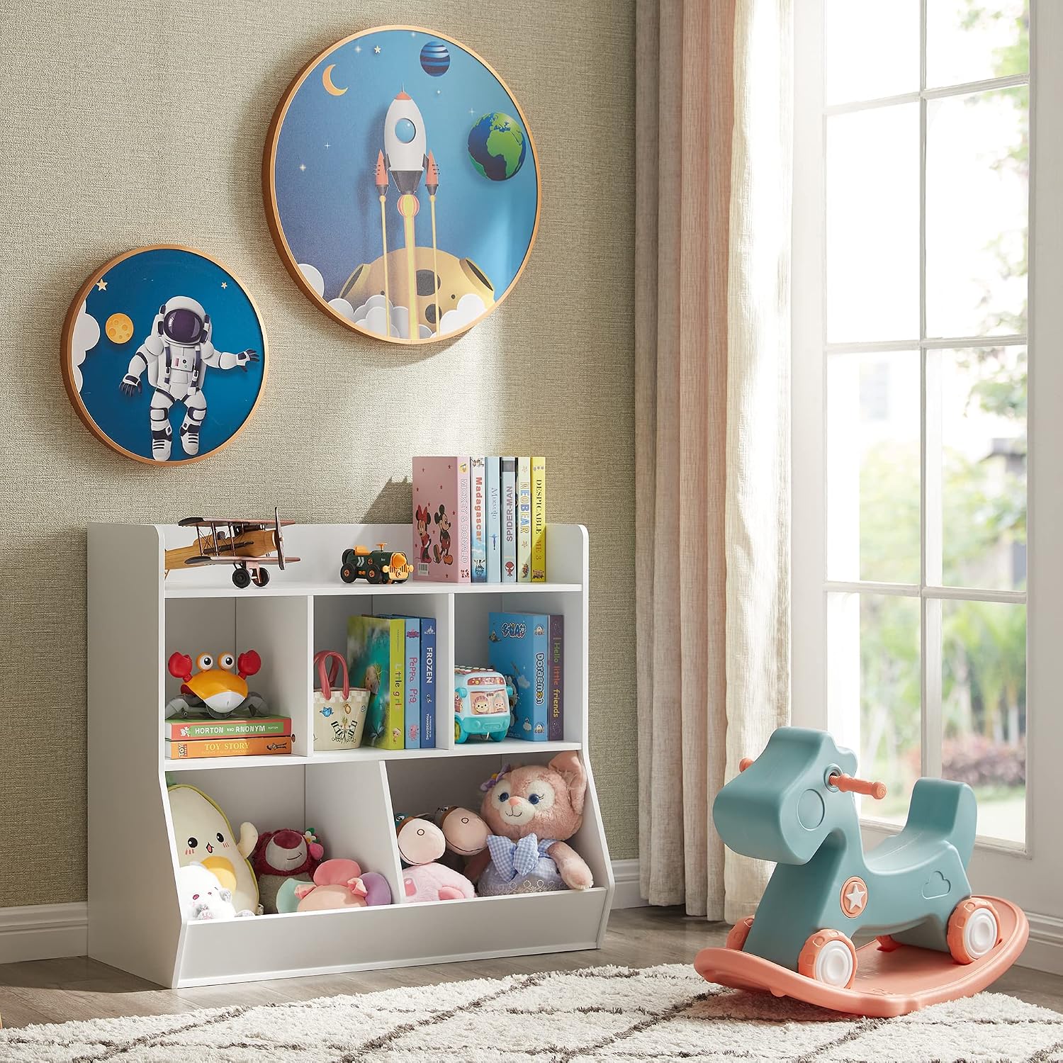 Kovhzcu Toy Storage Organizer with Bookshelf, 5-Cubby Children's Toy Shelf, Toy Storage Cabinet for Children's Room, Playroom, Hallway, Kindergarten, School
