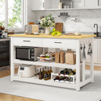 DynJest 47.3" Solid Rubberwood Kitchen Island with Power Outlets - Extra Large Work Surface, 2 Drawers & Open Shelves Storage Cabinet for Kitchen Dining Room, Farmhouse Style (White)