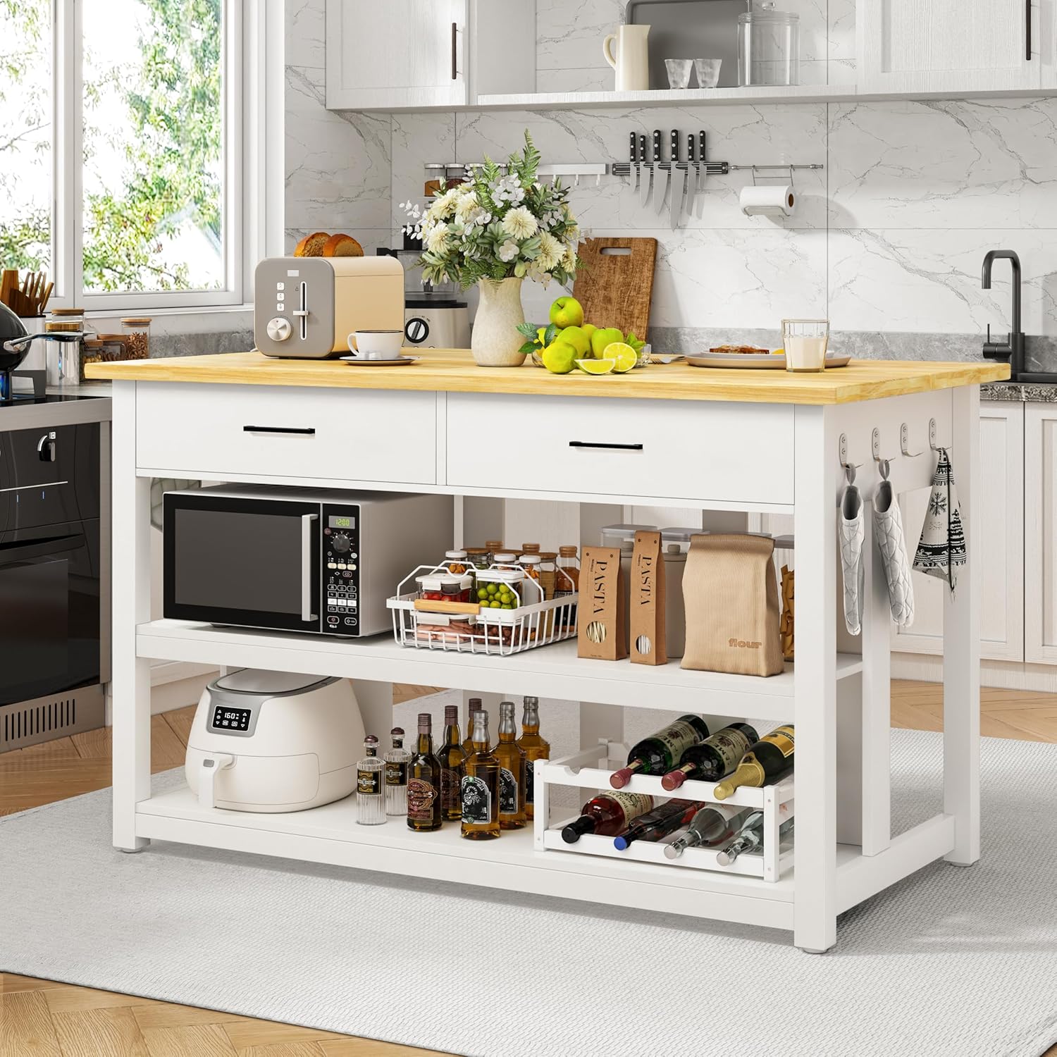 DynJest 47.3" Solid Rubberwood Kitchen Island with Power Outlets - Extra Large Work Surface, 2 Drawers & Open Shelves Storage Cabinet for Kitchen Dining Room, Farmhouse Style (White)