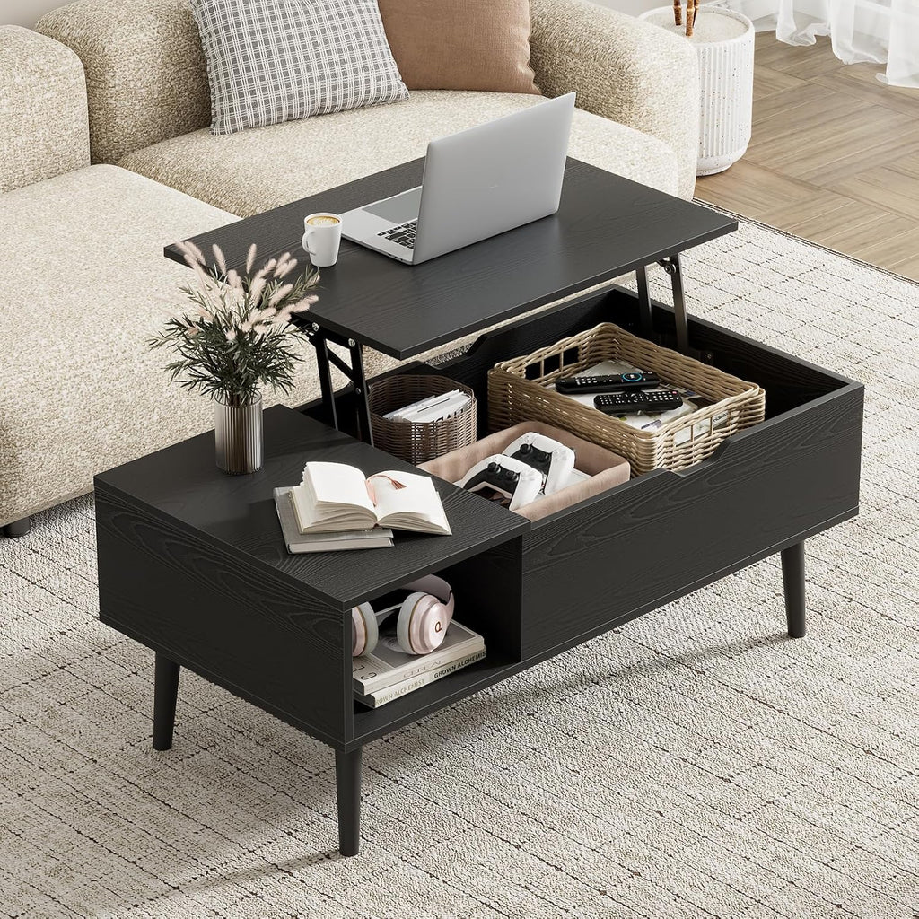 Wood Lift Top Coffee Table with Hidden Storage Compartment & Open Shelf, Multi-Functional Wooden Tabletop Dining Table for Living Room, Home Small Space