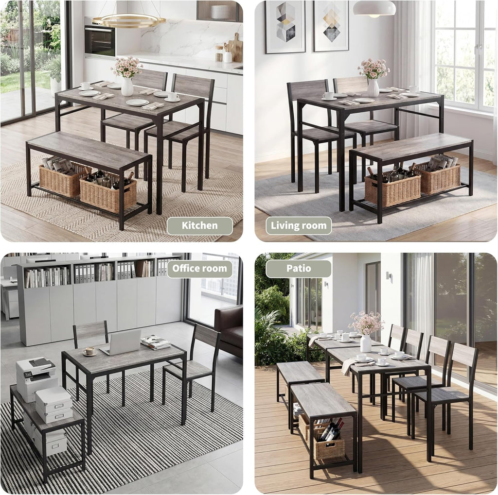 Dining Table Set for 4 with Bench, 4 Pieces Kitchen Table and Chairs, Space-Saving Dinner Table for Kitchen, Dining Room, Apartment, Extra Storage, Sturdy Construction, Easy Assembly(Grey)