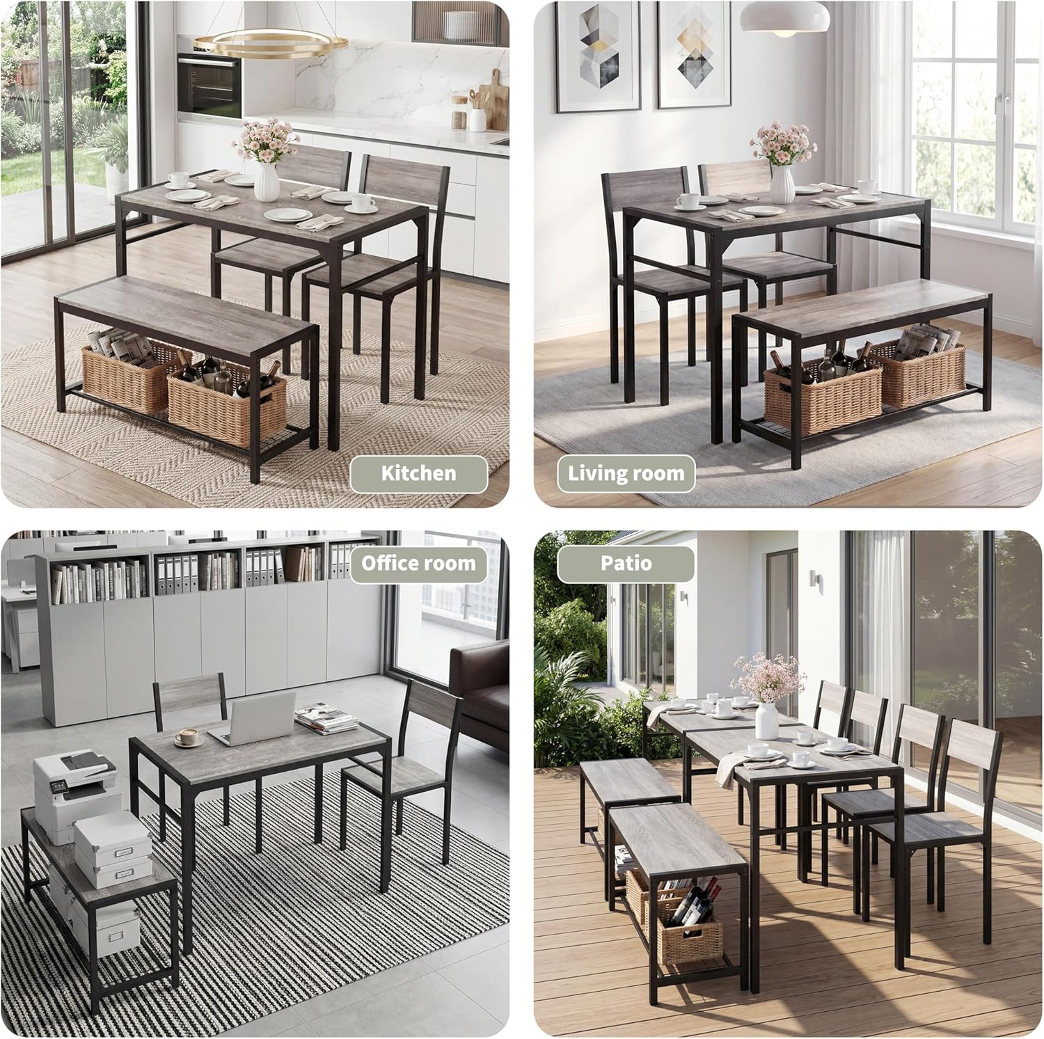 Dining Table Set for 4 with Bench, 4 Pieces Kitchen Table and Chairs, Space-Saving Dinner Table for Kitchen, Dining Room, Apartment, Extra Storage, Sturdy Construction, Easy Assembly(Grey)