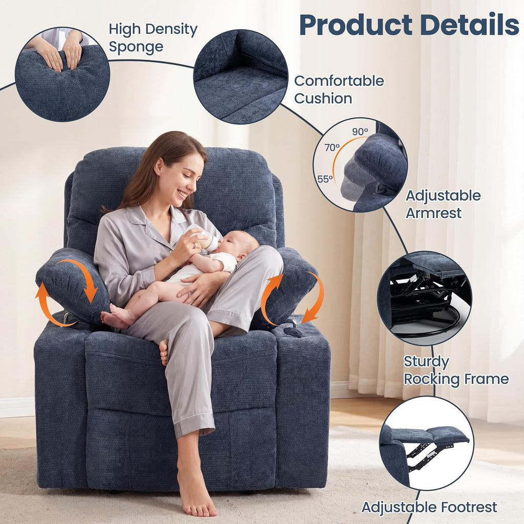 FiveWillowise Rocking Chair Nursery with Adjustable Armrests, 360° Swivel Rocker Recliner for Moms, Manual Gilder Rocker Nursing Chair with Wide Foot Rest for Living Room, Bedroom, Dark Blue
