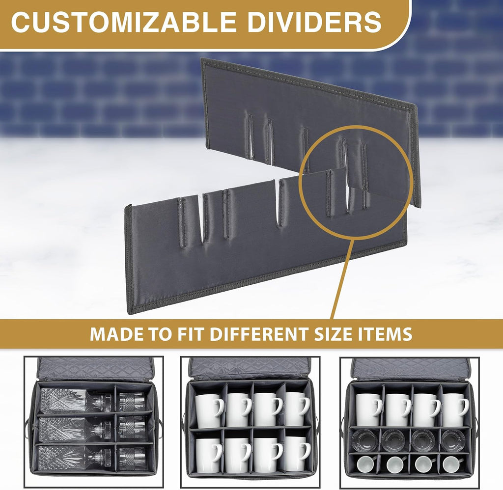 2 Pack - China Cup Storage Chests Hold 24 Coffee Cups or Mugs – Stackable Glassware Organizer with Customizable Dividers and Inner Case for Extra Protection – Gray