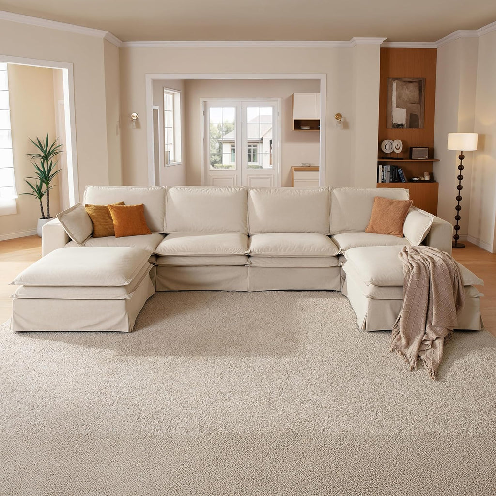 162.2" Washable Oversized Modular Sectional Sofa, Cloud Couch with Fully Removable Cover, Comfy Sectional Couches for Living Room, Performance Fabric, Beige, 4-Seater with 2 Storage Ottoman,U-Shaped