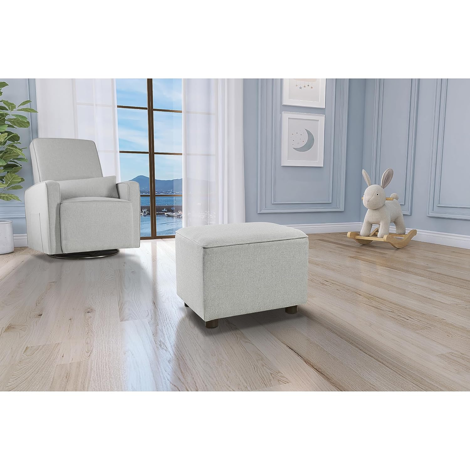 Evolur Holland Upholstered Ottoman in Harbor, Foot Rest Stool for Nursing Moms, Tool-Free Assembly, Made for Every Décor