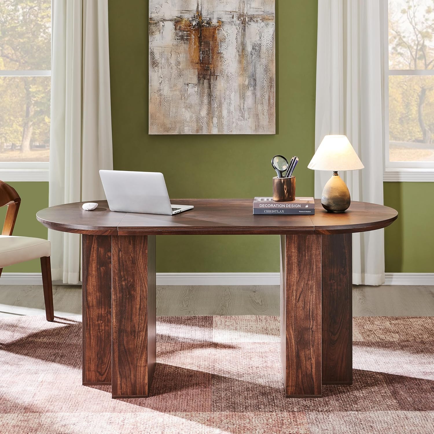 OKD 63 Inch Modern Wood Oval Dining Table for 4-6, Dining Room Table with Stable T-Shaped Base & Metal Frame & Thick Tabletop, Sturdy Kitchen Table for Dinner Room, Kitchen, Gathering, Dark Walnut