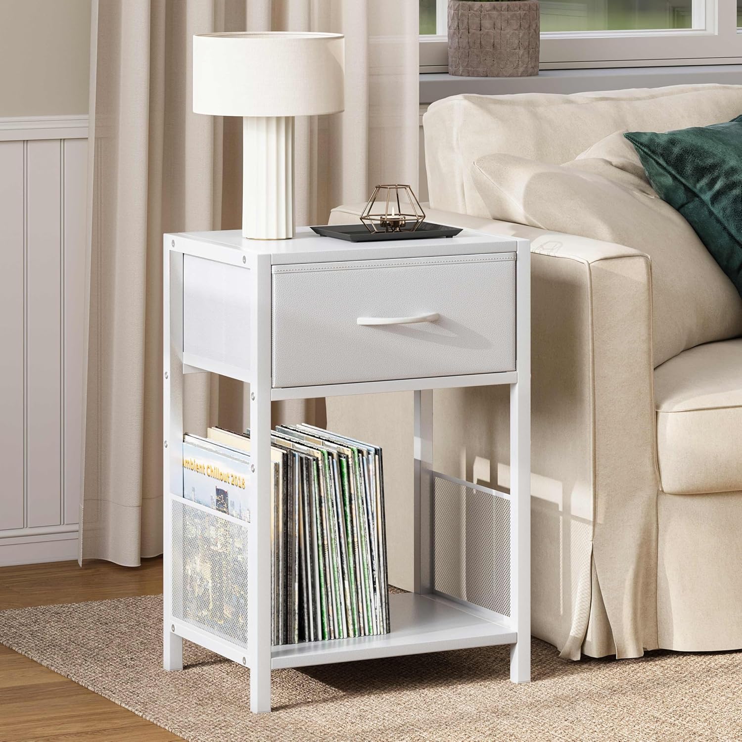 YAUKOMEL Nightstand Set of 2,End Table with Fabric Drawer,Side Table Set of 2,Storage Shelf,Bedside Table with Open Shelf,Sofa Table for Living Room,Bedroom,Small Space White CTG70W-2