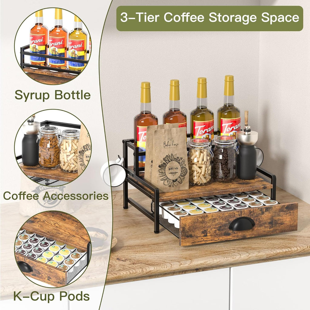 Coffee Syrup Rack Organizer, 2 Tier Countertop Storage Shelves with 35 K Cup Drawer, 8 Syrup Bottle Stand Holder for Wine, Kitchen Coffee Station Organizer Rack, Rustic Brown