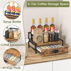 Coffee Syrup Rack Organizer, 2 Tier Countertop Storage Shelves with 35 K Cup Drawer, 8 Syrup Bottle Stand Holder for Wine, Kitchen Coffee Station Organizer Rack, Rustic Brown