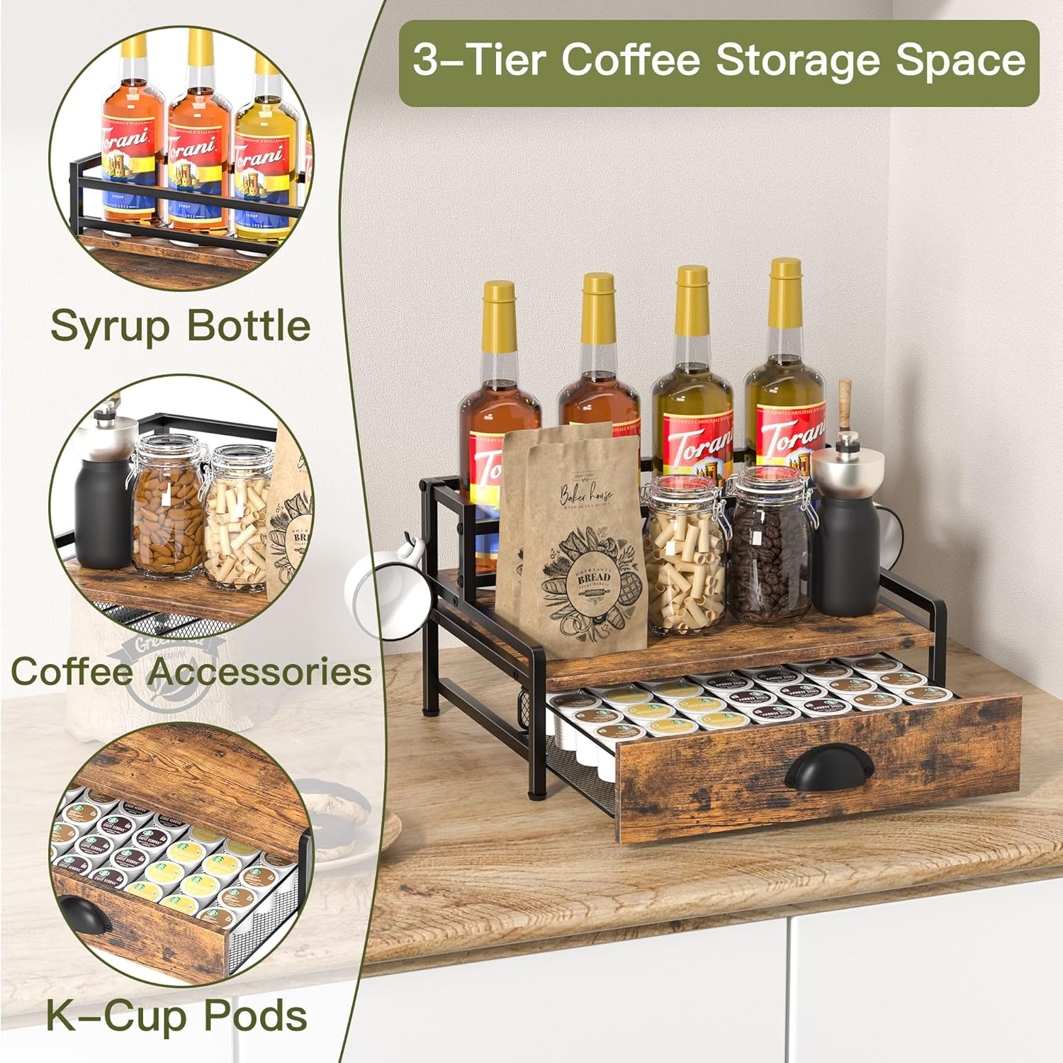 Coffee Syrup Rack Organizer, 2 Tier Countertop Storage Shelves with 35 K Cup Drawer, 8 Syrup Bottle Stand Holder for Wine, Kitchen Coffee Station Organizer Rack, Rustic Brown