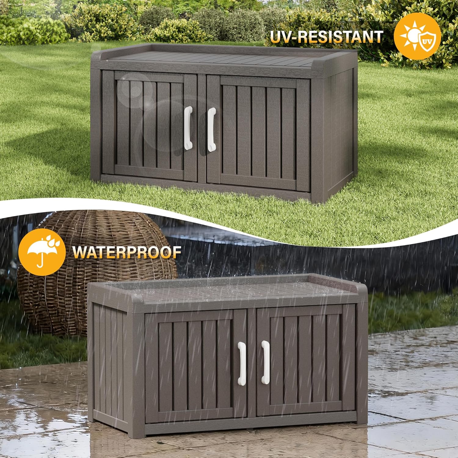 Outdoor Shoe Bench, Waterproof UV-Resistant Indoor Resin Shoe Cabinet, Entryway Shoe Storage with 2 Doors, Living Room, Bedroom, Gray (Two-Door)