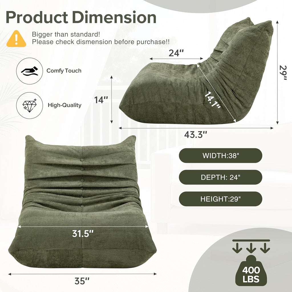 Bean Bag Chairs for Adults, Premium Fabric Foam Filled Lazy Sofa Lounge Chair, Ergonomic Floor Couch for Living Room Bedroom Gaming, No Assembly, Green