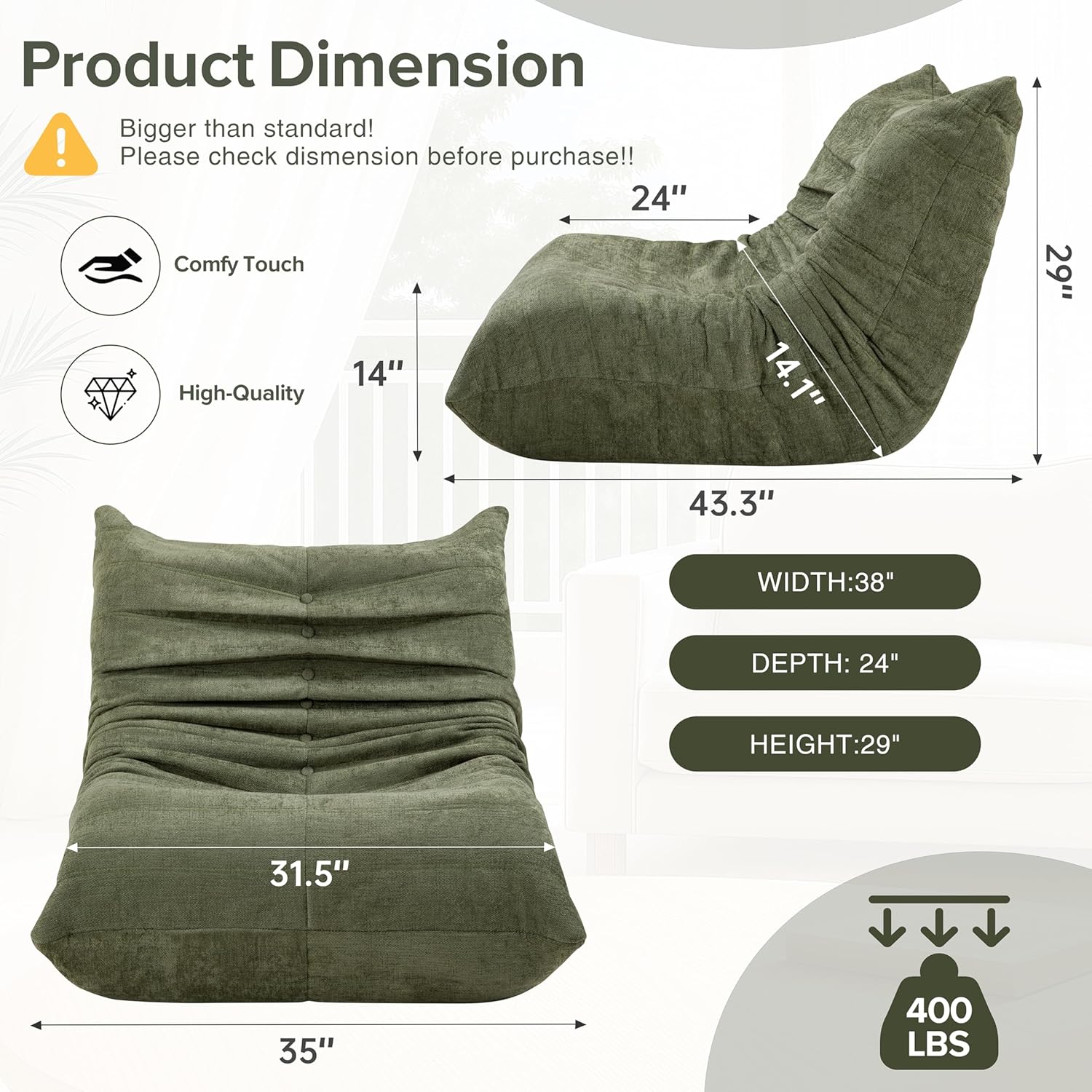 Bean Bag Chairs for Adults, Premium Fabric Foam Filled Lazy Sofa Lounge Chair, Ergonomic Floor Couch for Living Room Bedroom Gaming, No Assembly, Green