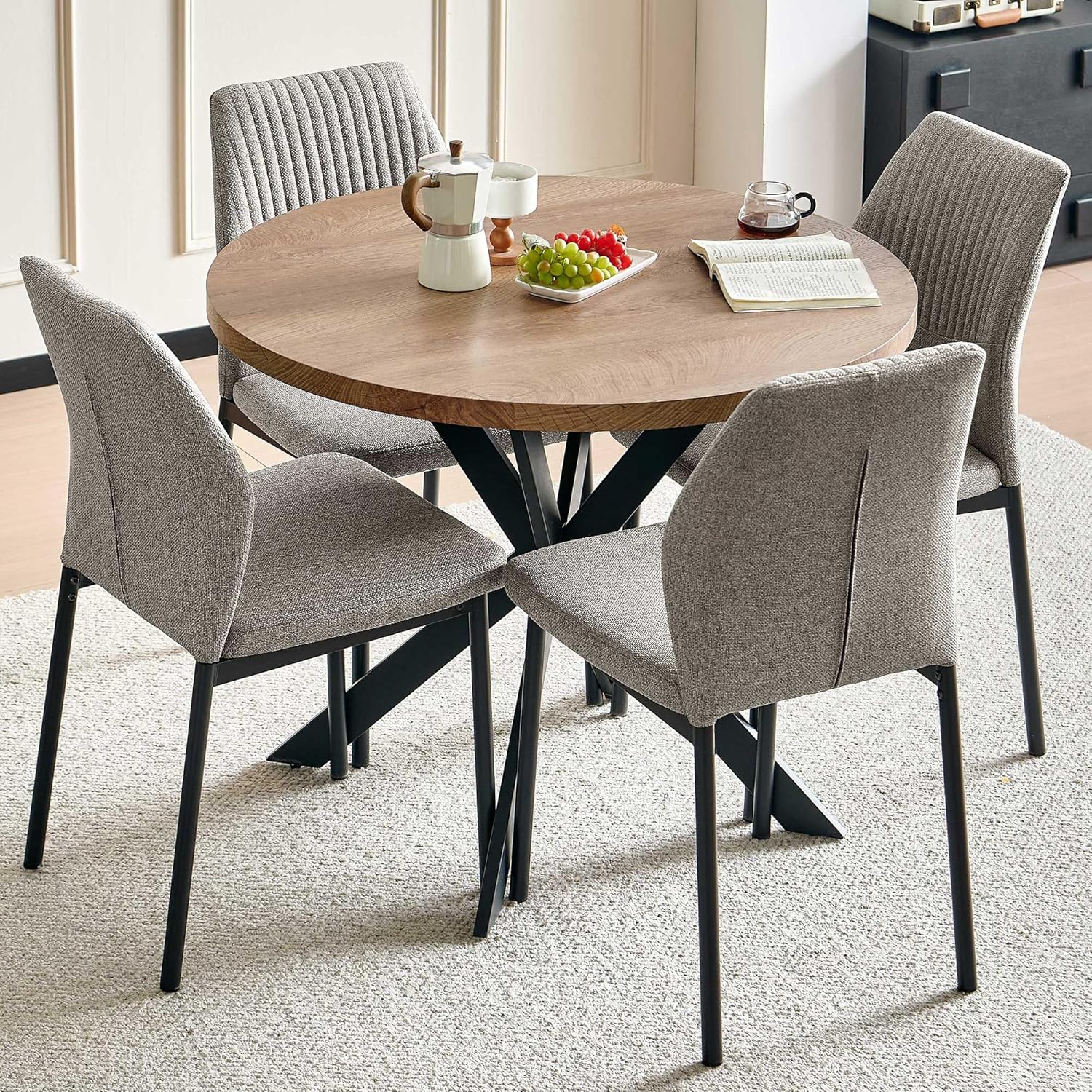 Dining Chairs Set of 4, Mid Century Modern Fabric Upholstered Kitchen Chairs, Light Brown Dining Room Chair with Sticthing Back for Kitchen Dining Room