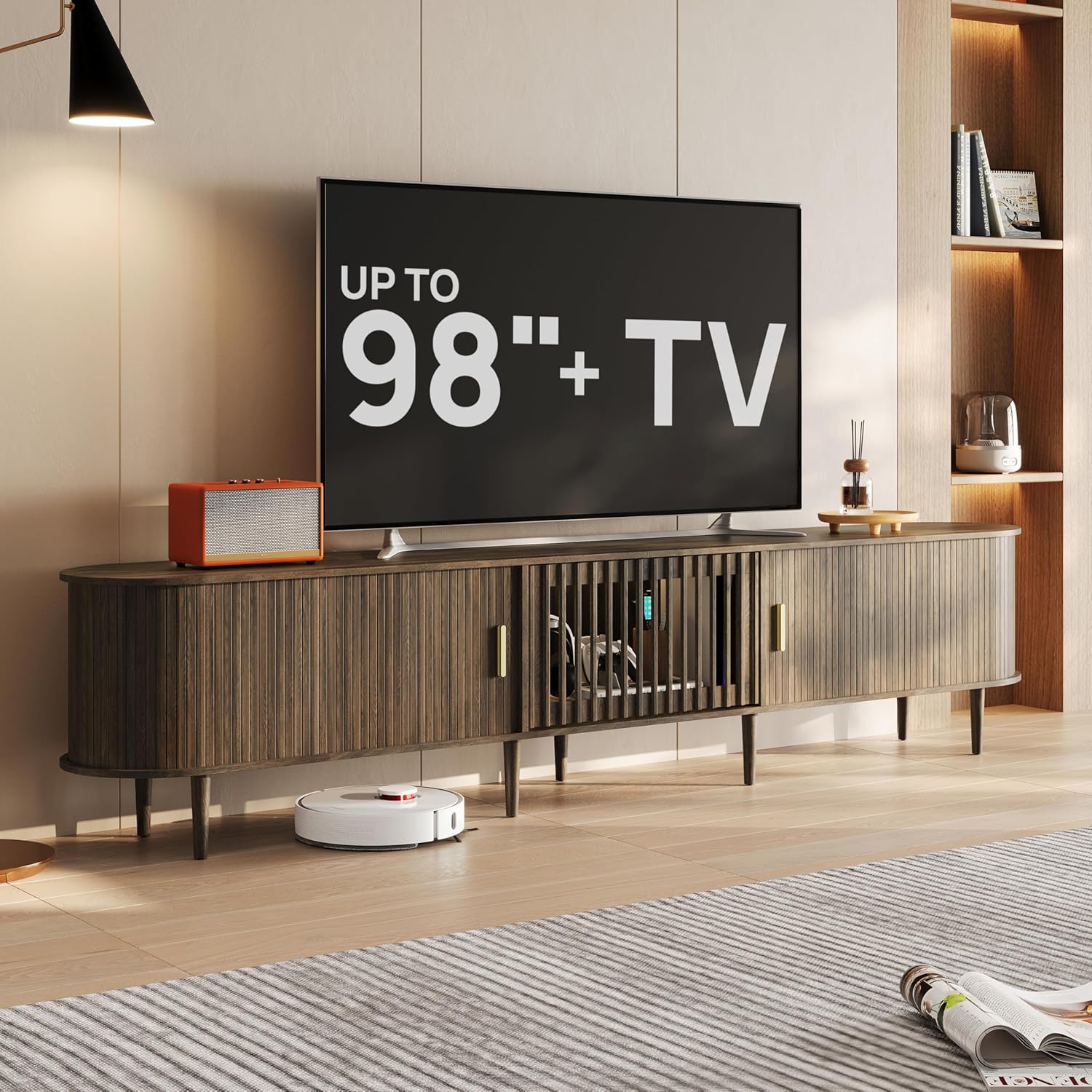 94.5" Fluted Mid Century Modern TV Stand for TVs Up to 80/85/86/90/98/100", Tambour Sliding Doors Entertainment Center with Storage&LED, Curved Media&TV Console Long TV Stands for Living Room, Walnut