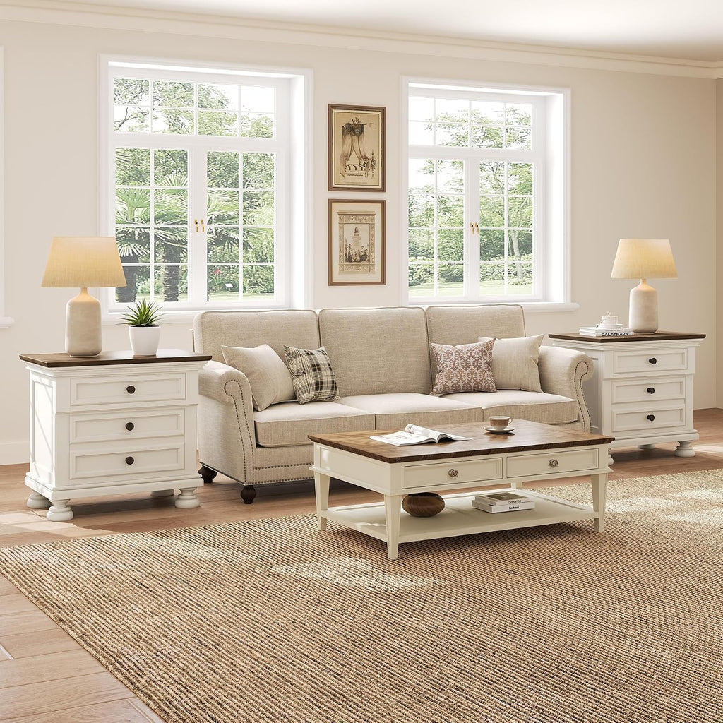 AMERLIFE Fully Assembled Nightstands Set of 2, Solid Wood End Tables | 26" Extra Large Beside Table with 2 Storage Drawers, Traditional Bedside Cabinet for Bedroom, White