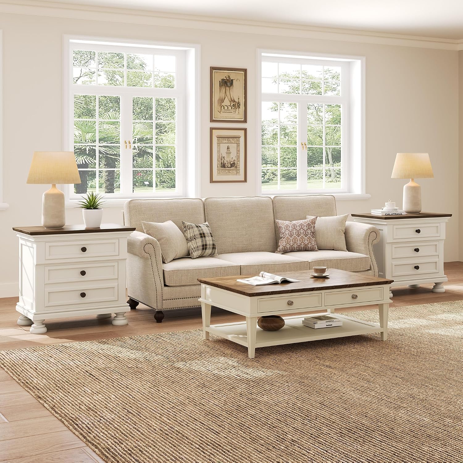 AMERLIFE Fully Assembled Nightstands Set of 2, Solid Wood End Tables | 26" Extra Large Beside Table with 2 Storage Drawers, Traditional Bedside Cabinet for Bedroom, White