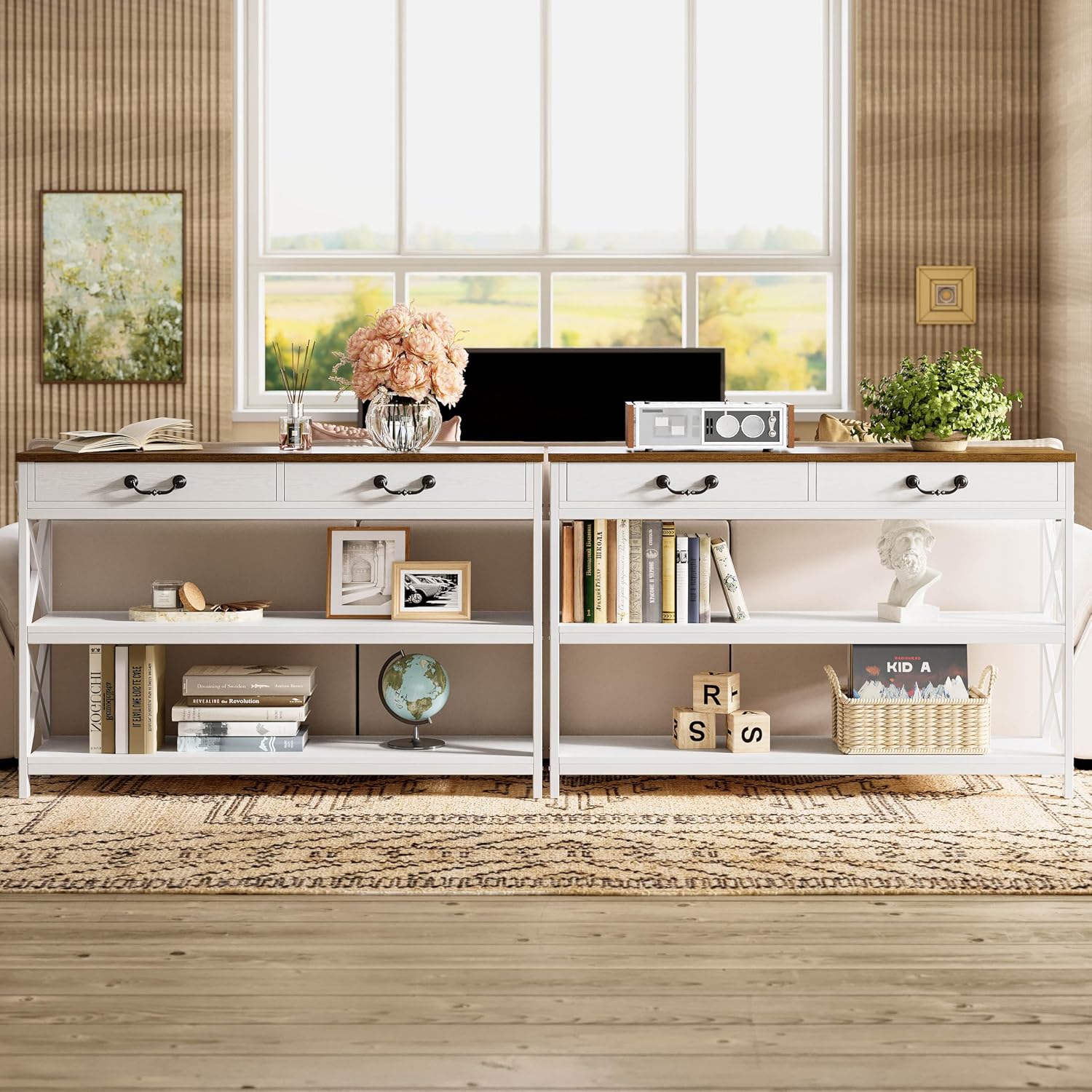 IRONCK 47.2" Farmhouse Console Table, Sofa Table with Drawer, Narrow Long Entry Table with 2 Shelf for Entryway, Living Room, Hallway, White/Walnut