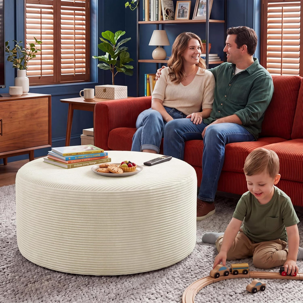 BSHOMGI Round Ottoman,Corduroy Ottomans Foot Stool, 27.5" Pouf Footstool Ottomans Seat, Round Footrest, Modern Side Table for Living Room Bedroom Home Decor No Assembly Require (Beige, 27.5")