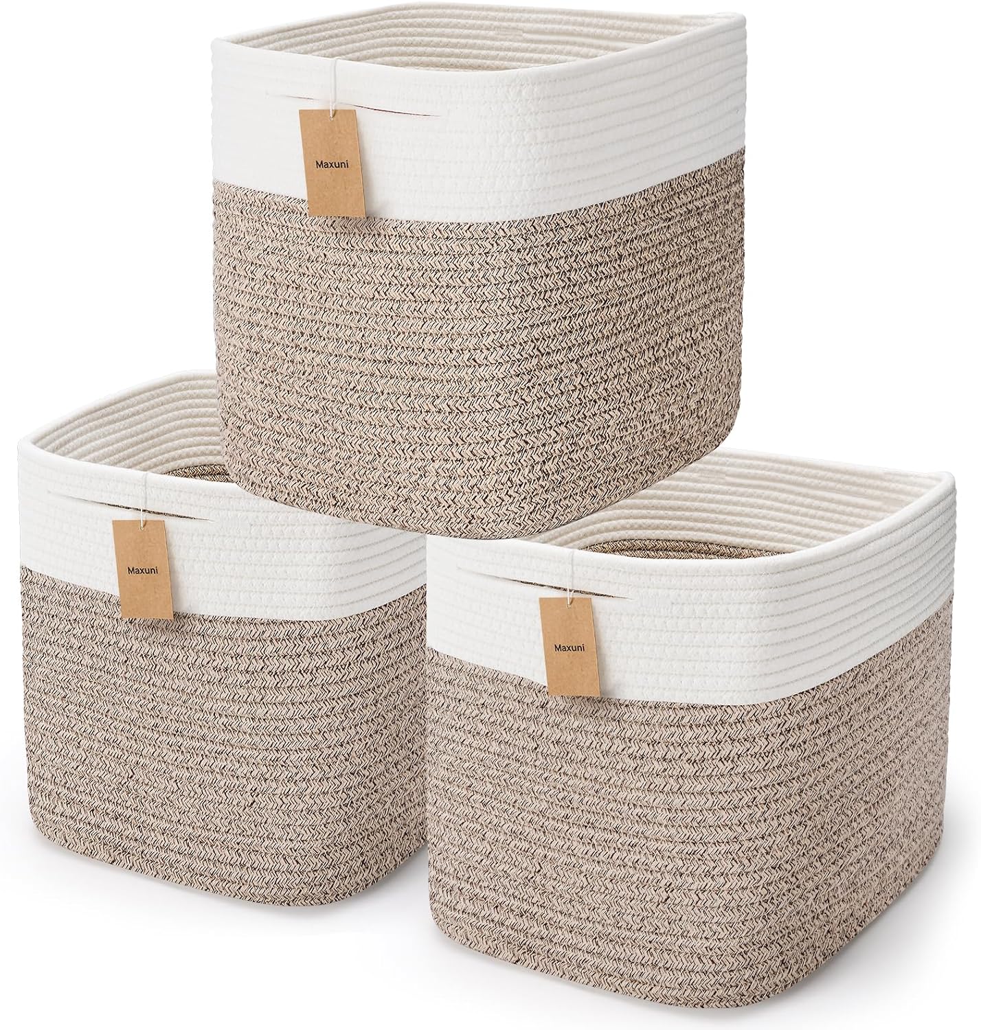 3Pack Cube Storage Bins,Square Storage Baskets for Christmas Decorative,Foldable Trunk organizer for Car,11Inch Durable Cotton Rope Woven Storage Basket for Organizing-Brown Basket for Shelves,Camping