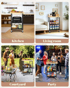 Foldable Kitchen Storage Cart with Solid Oak Top, Heavy-Duty Metal Frame, 3-Tier Rolling Utility Rack, Kitchen Island on Lockable Wheels for Microwave, Toaster Oven & Food Prep