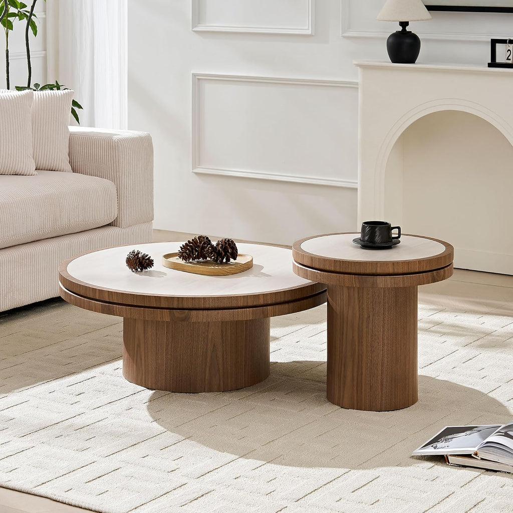 Round End Table, 19.49'' Mid Century Modern Faux Marble Side Table, Circle Bedside Tables Drink Table Wood Nightstand for Small Spaces, Living Room Walnut
