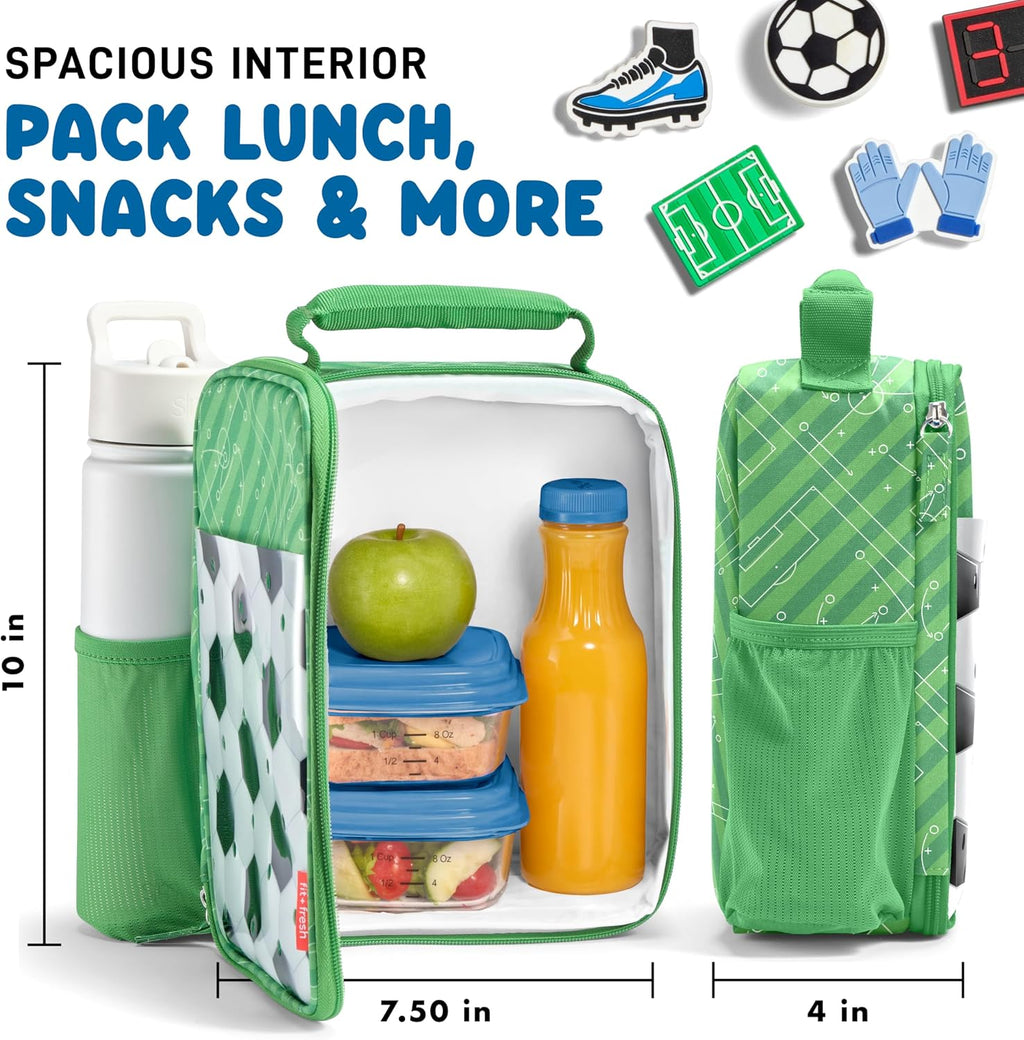 Fit & Fresh Customizable Charm Lunch Bag for Boys & Girls, Soccer Kids Lunch Box with 6 Sports Charms, Premium Insulated Reusable Lunch Tote for School