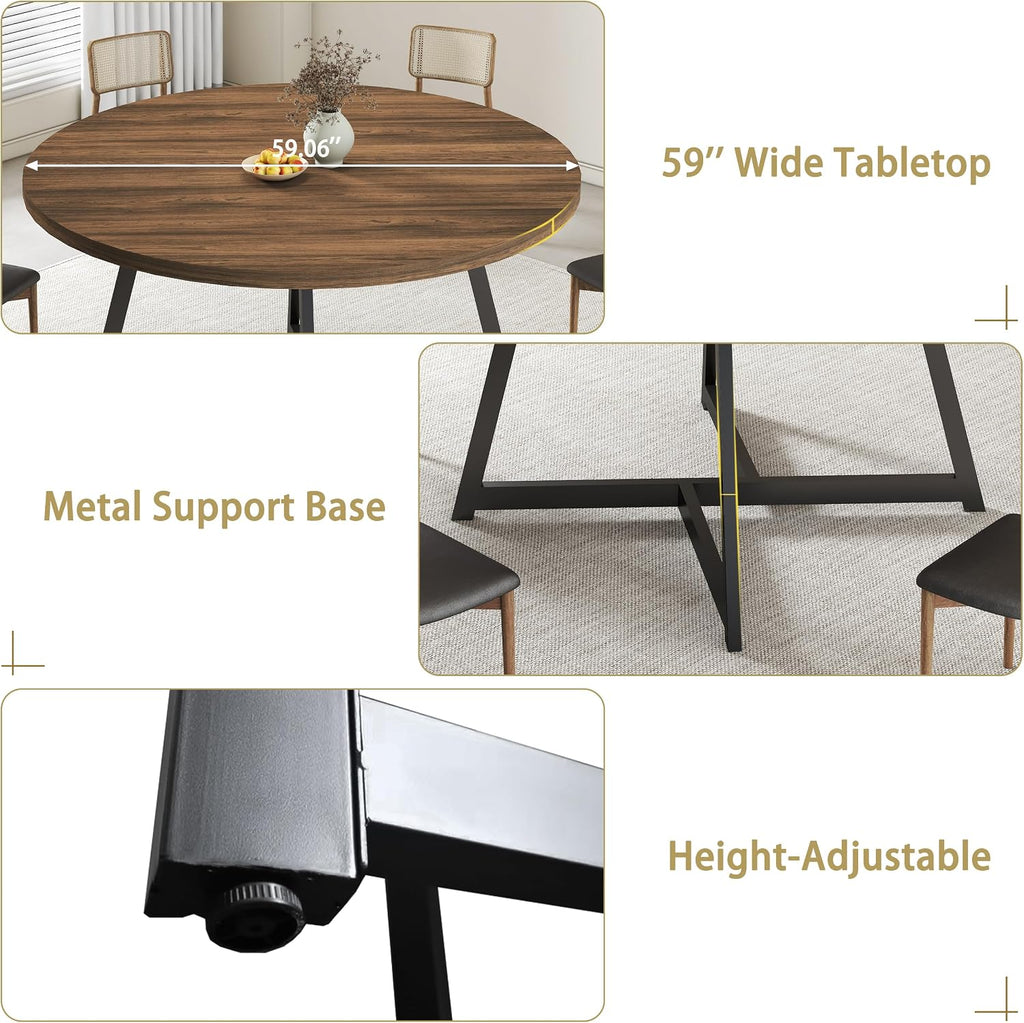 Large Round Dining Table for 6-8, Wooden Dinner Table with Heavy Duty Metal Pedestal Base (Dark Brown)
