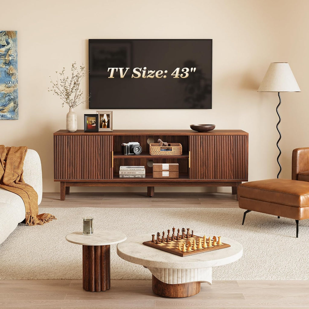PRAISUN 54 Inch Fluted TV Stand for TVs Up to 55, 60 Inch, Mid Century Modern Entertainment Center with Storage, TV Console with Adjustable Shelves, Midea Console for Living Room Bedroom, Brown