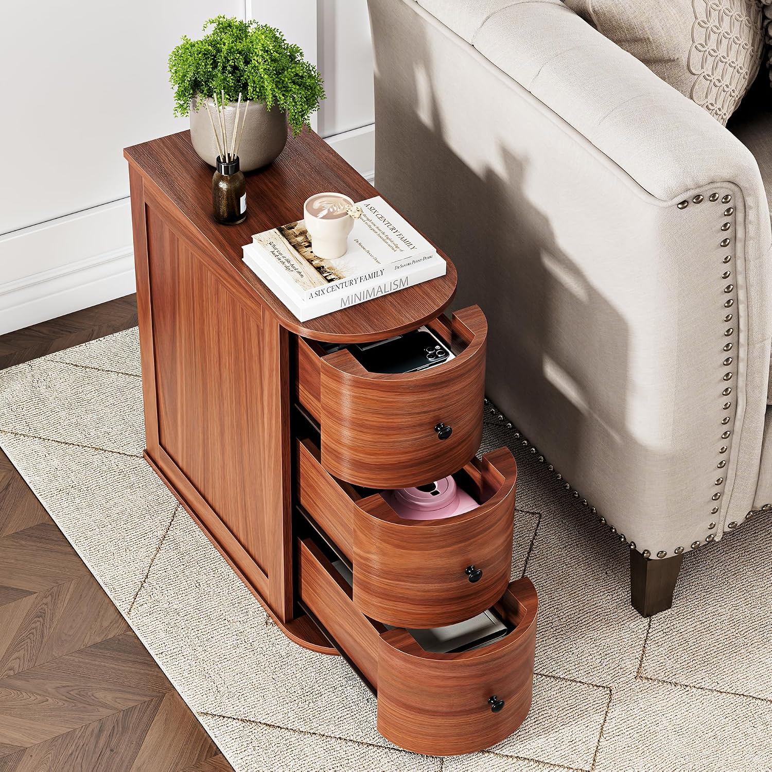 Vongrasig Narrow Nightstand with 3 Drawers, Wood Small Side Table for Bed or Sofa, Vintage Slim Night Stand for Living Room/Bedroom, Walnut