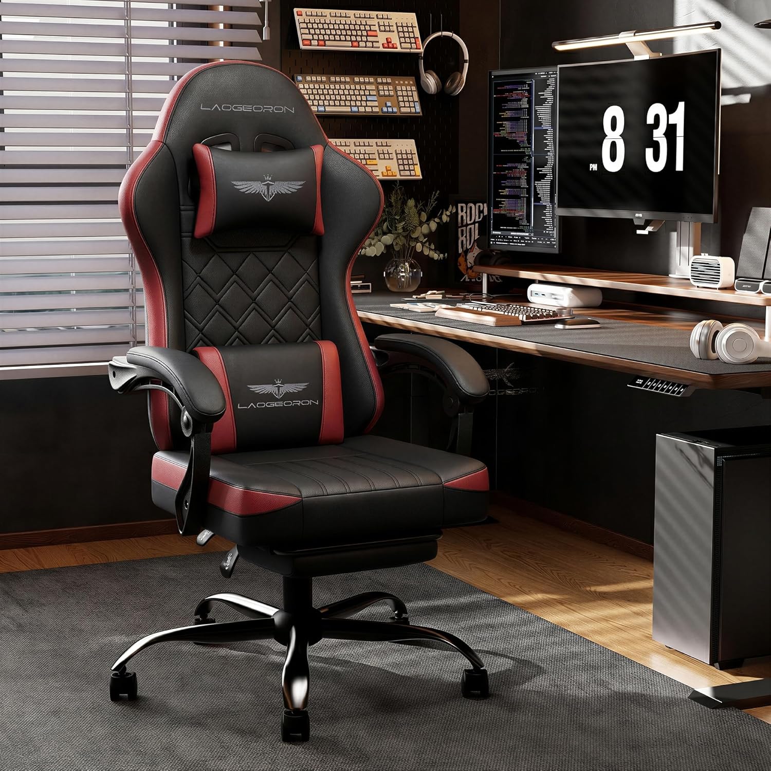 Ergonomic Gaming Chair with Retractable Footrest, High Back Video Game Chairs Computer Gaming Chairs with Headrest and Lumbar Support 400 lbs Linked Armrests Adult Chair (Black Red)