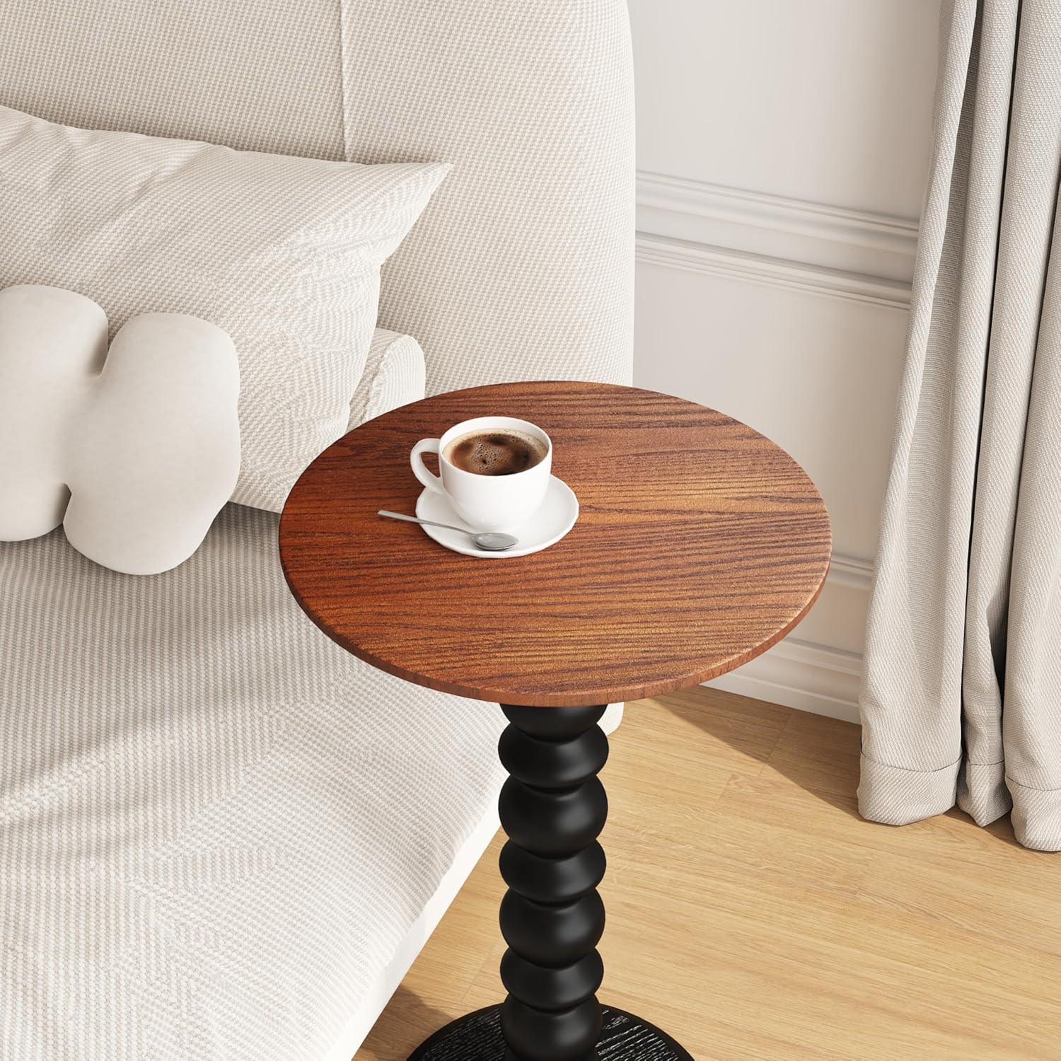 Solid Wood Round Side Table, Small Drink Table,Cocktail Table, Wooden Pedestal End Table, Plant Stand for Living Room, Bedroom,Office and Corners (Walnut/Black, 11.8" W*21.65" H)